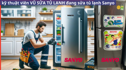 kỹ thuật viên VŨ SỬA TỦ LẠNH đang sửa tủ lạnh Sanyo