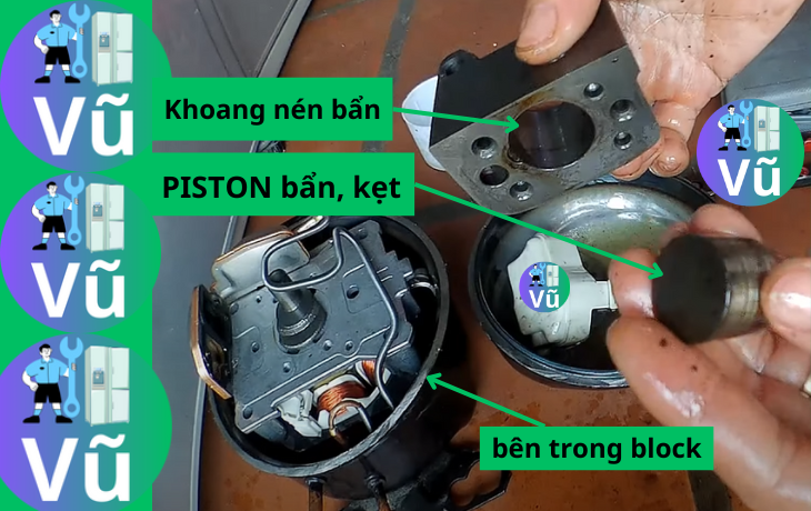 block tủ lạnh bị kêu do piston khoang nén bẩn và bị kẹt